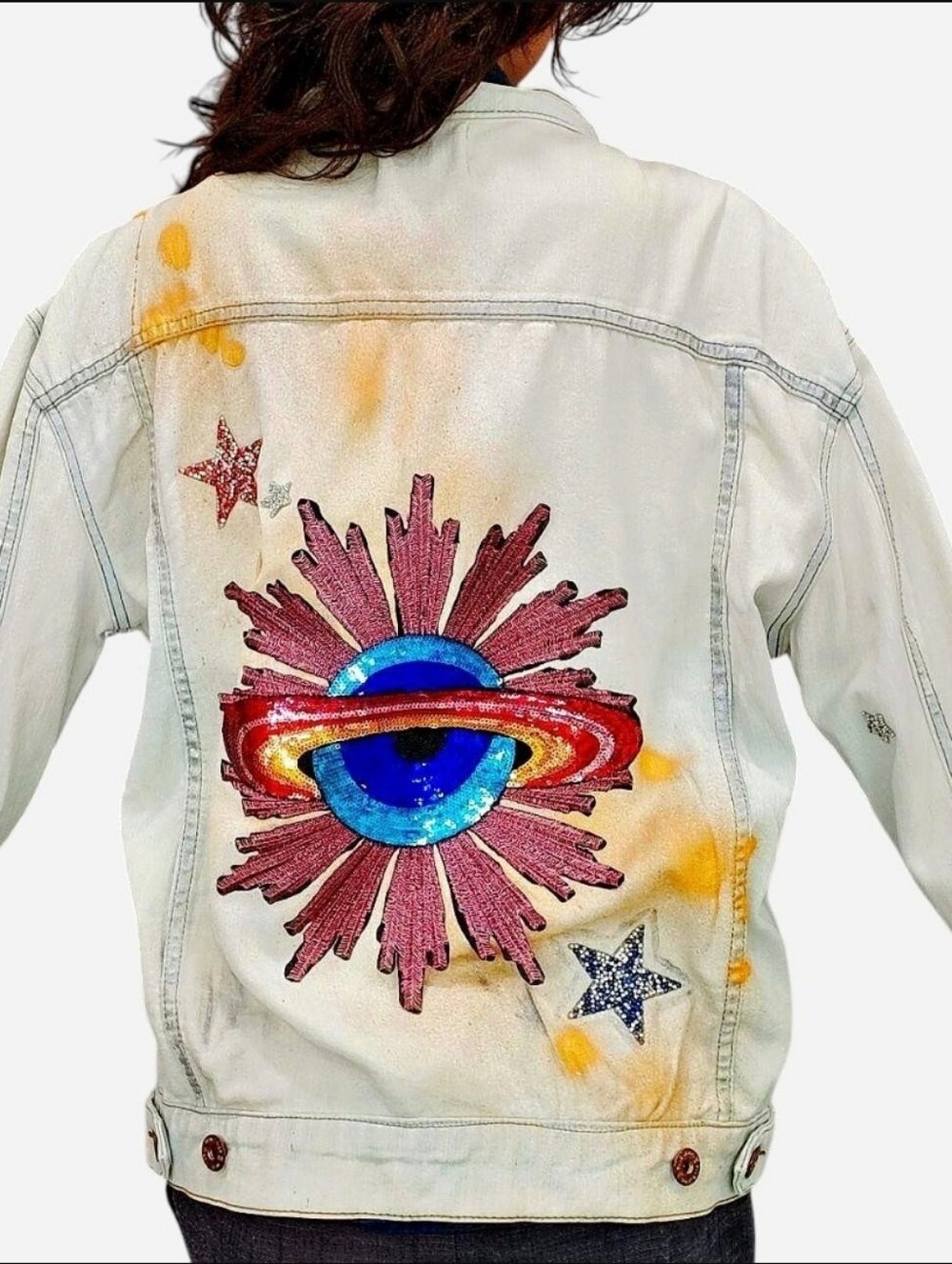 Hand Embellished Denim Jacket Rhinestones Patch Planets Stars Gold Silver Paint